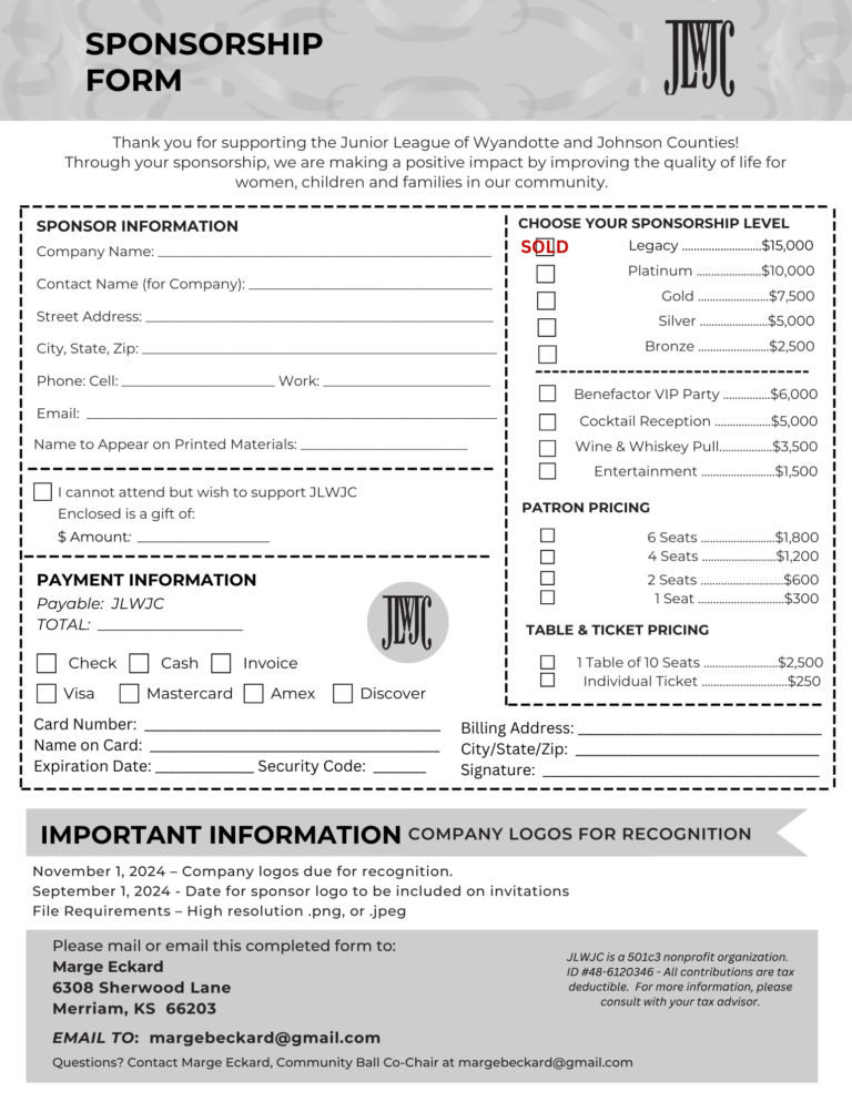 Ball Sponsorship Information Junior League of Wyandotte and Johnson